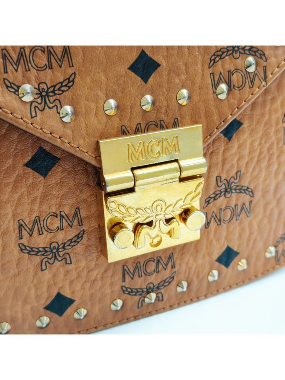 MCM Visetos Spike Crossbody Bag Cognac Brown Monogram Shoulder Bag - Picture 12 of 14